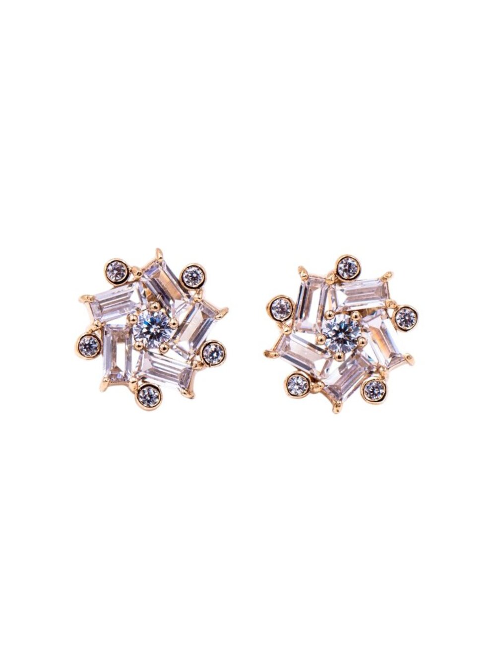 Sterling Silver Gold Tone Baguette CZ Cluster Stud Earrings Art Deco Bridal
